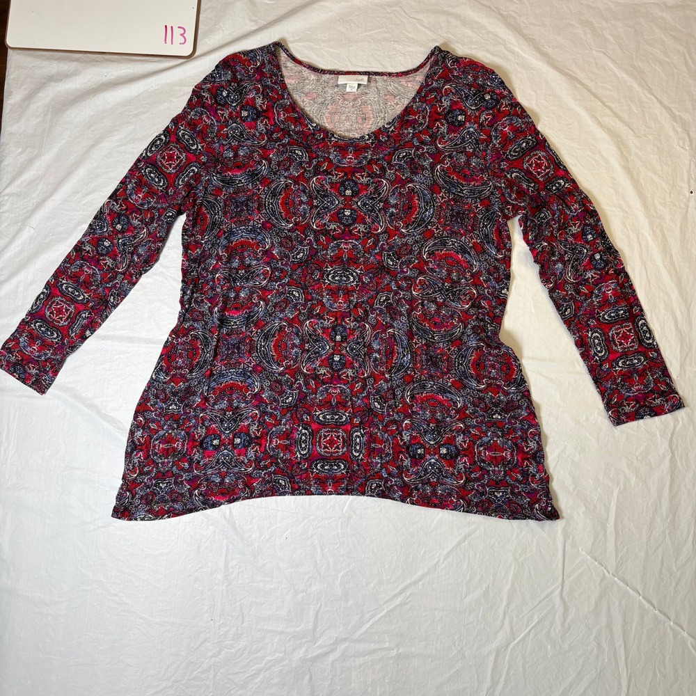 J.Jill Paisley Print Long Sleeve V Neck Tunic Top Red Blue Women's M